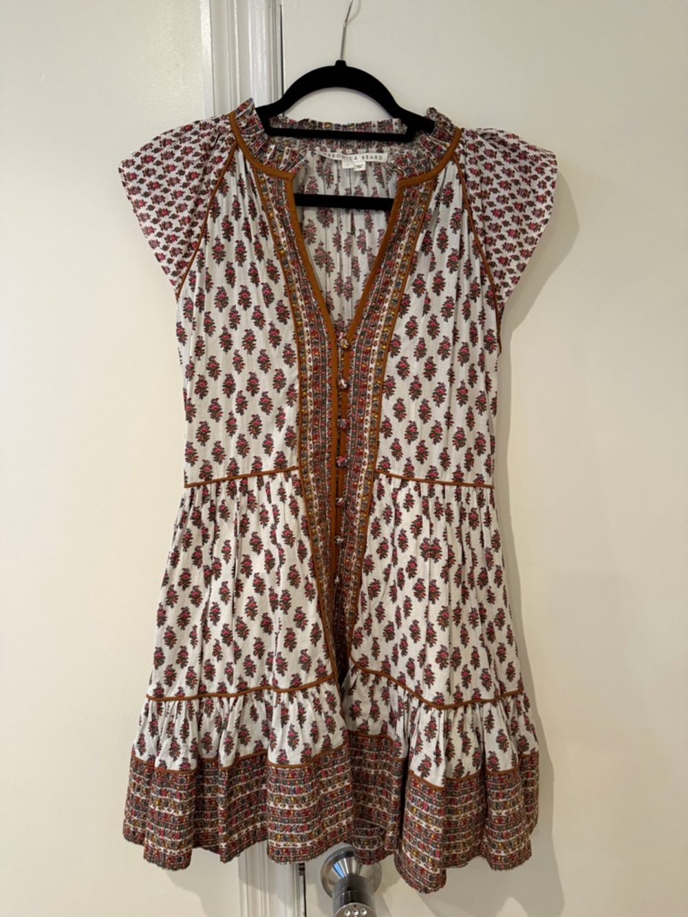 Veronica Beard White Mini Dress with Red Floral and Rust Trim